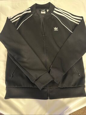 adidas Black Track Jacket with White Stripes and Trefoil